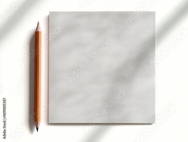 Fototapeta Top view of a black and orange double-ended pencil next to a textured blank square canvas on white surface with soft shadows