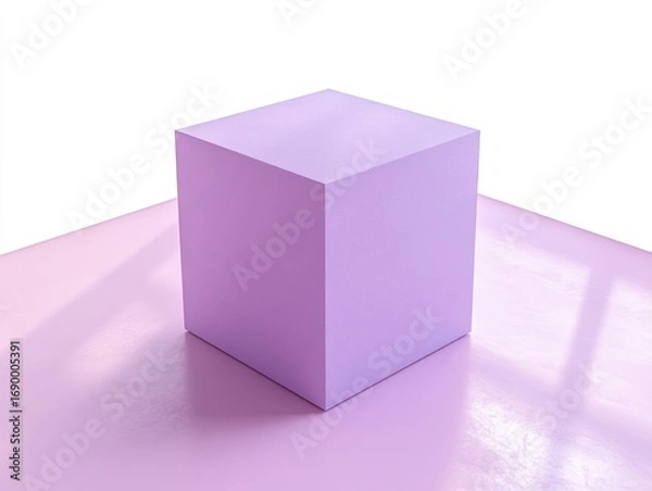 Fototapeta single solid lavender cube resting on a reflective pink surface with soft shadows and bright white background