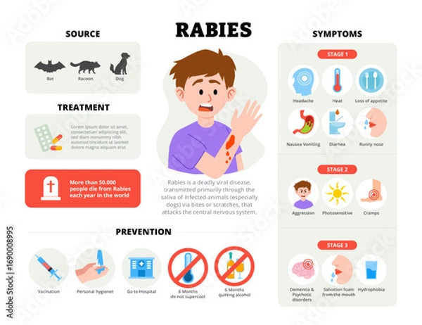 Fototapeta Rabies infographic design with man character. Vector poster template showing causes, symptoms, treatment, and prevention for medical education, healthcare awareness, chart illustration banner.