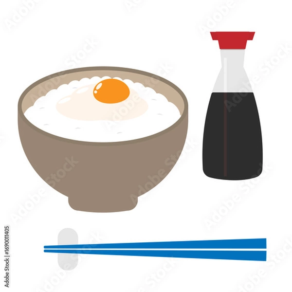 Obraz 卵かけご飯と醤油のイラストセット