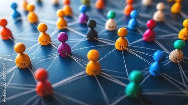 Fototapeta Colorful wooden figurines connected by strings forming a network pattern symbolizing communication and social connections on a dark surface