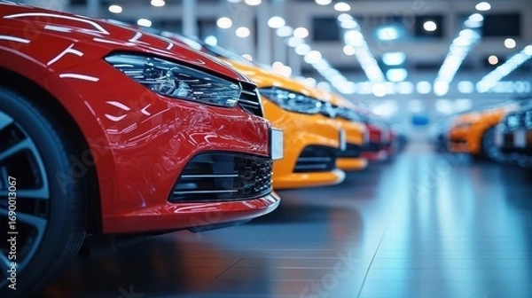 Fototapeta Close-up of shiny new colorful cars lined up indoors under bright lights, showcasing front grills and sleek design in a modern showroom with reflective floor