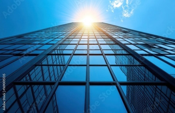 Fototapeta Low angle view of a tall modern glass skyscraper reflecting the blue sky with the sun shining brightly at the top, creating a radiant and uplifting atmosphere