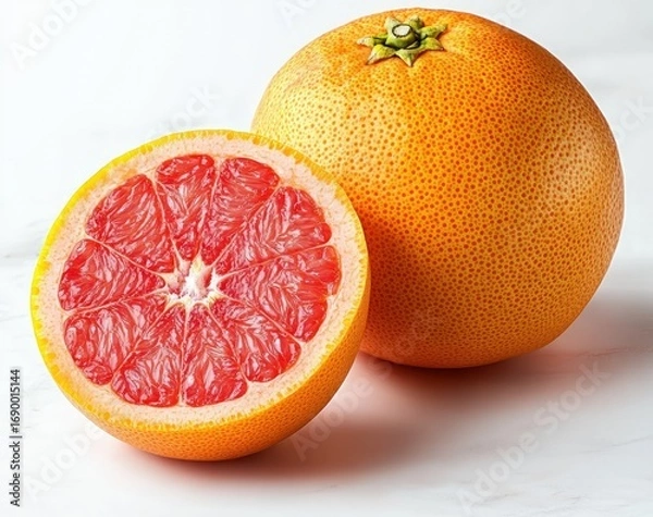 Fototapeta Whole and halved ripe grapefruit with bright orange skin and juicy pink segmented interior on a white surface