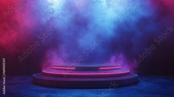 Fototapeta empty round stage with glowing pink and blue neon lights surrounded by mist and fog in dark atmospheric setting