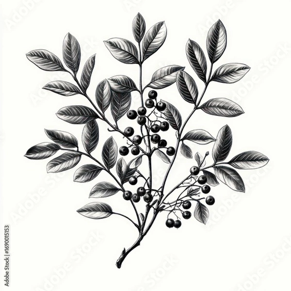 Fototapeta detailed black and white botanical illustration of a branch with multiple elongated leaves and clusters of small round berries
