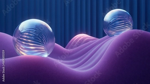 Fototapeta Two transparent glass spheres resting on smooth, wavy purple surfaces with a blue vertical striped background creating a calm and futuristic atmosphere