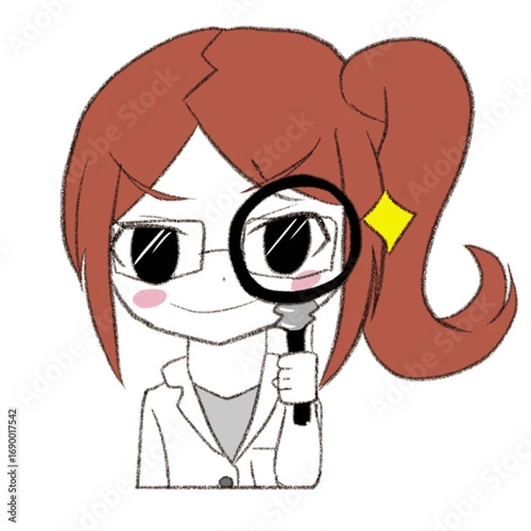 Obraz 白衣を着た女性が虫眼鏡を覗いている