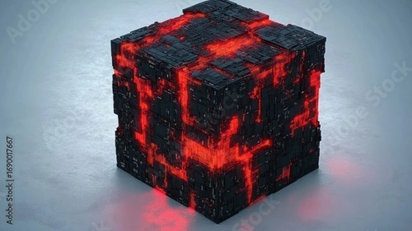 Fototapeta Futuristic black cube emitting glowing red light cracks on a smooth gray surface, evoking a high-tech and mysterious atmosphere