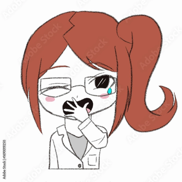 Obraz 白衣を着た女性があくびをしている