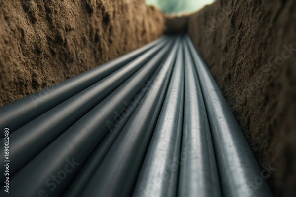 Fototapeta Underground utility conduit pipes neatly aligned in a trench during modern infrastructure installation and construction project
