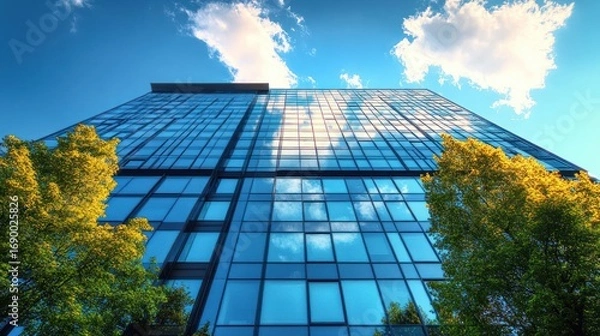 Fototapeta Modern glass building reflecting blue sky and white clouds with green and yellow trees in foreground creating a vibrant urban nature contrast