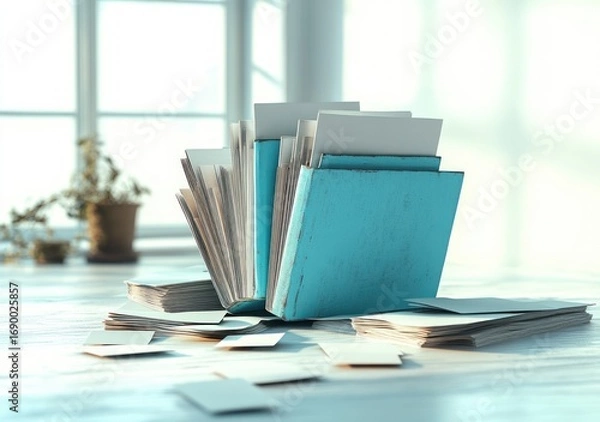Fototapeta Open and closed blue files with scattered papers on a white wooden table in bright natural light with blurred potted plants in the background