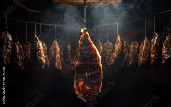 Fototapeta Dark smoked meat hanging on hooks in a dimly lit room with a smoky atmosphere highlighting one central piece