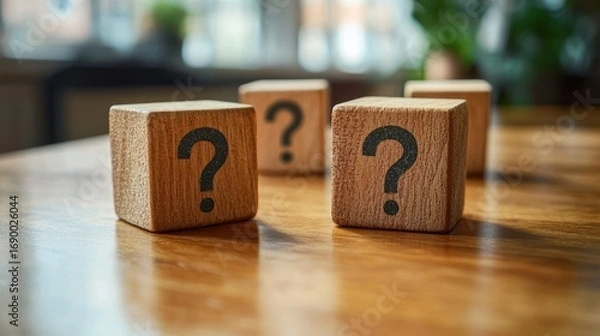 Fototapeta Four wooden cubes with question marks printed on their sides placed on a wooden surface in soft natural light, evoking curiosity and uncertainty