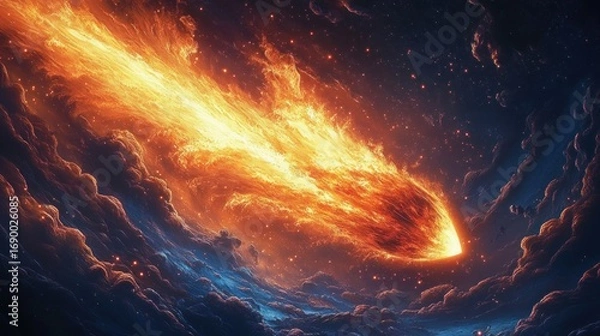 Fototapeta Blazing fiery comet streaking across dark starry sky surrounded by swirling glowing clouds, evoking a sense of cosmic power and awe