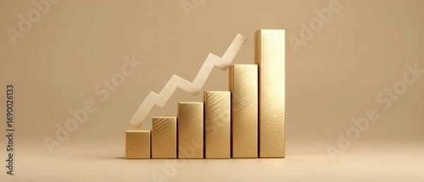 Fototapeta Gold bar graph with rising upward trend showing financial growth and business performance, clean modern data visualization with space for text