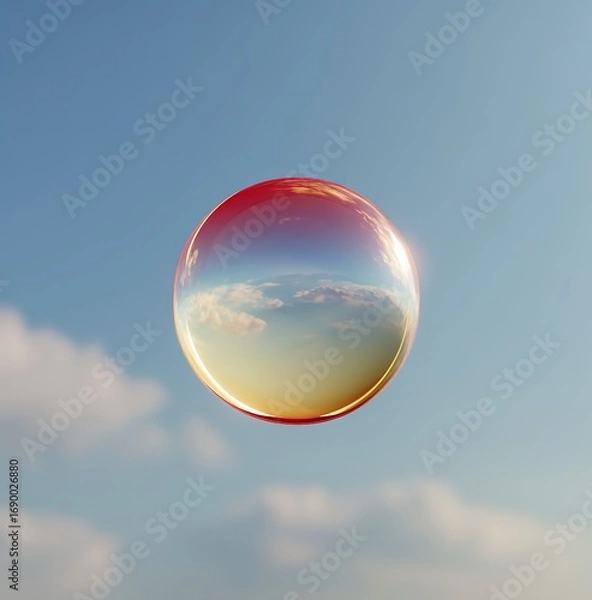 Obraz a gradient sphere with yellow and red color gradients on the left side, and light blue color gradients in front of it, centered on an empty background. 