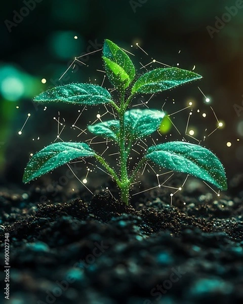 Fototapeta Rain falling on futuristic plants with technology high resolution picture