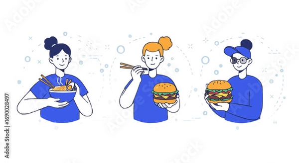 Fototapeta People Enjoying Various Foods Noodles, Burgers, and More - Food and Lifestyle Illustrations