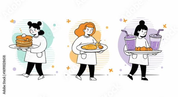 Fototapeta Illustrative depictions of individuals serving food items, showcasing culinary and service 