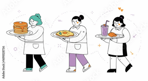 Fototapeta Waitresses Serving Breakfast Dishes Pancakes, Omelette, and Refreshing Drinks in a Restaurant Setting