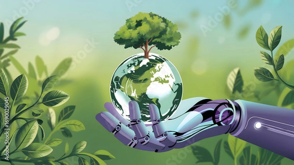 Fototapeta Robotic hand holding a tree growing from the earth, save the planet concept