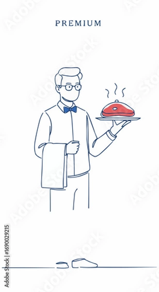 Fototapeta Elegant Waiter Serving a Dish with a Cloche, Illustrative Vector Art