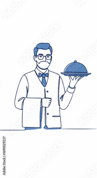 Fototapeta Clean line art illustration of a polite waiter holding a serving tray and napkin, representing a dedicated hospitality service concept icon