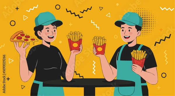 Fototapeta Two smiling food service workers holding pizza and french fries against a vibrant yellow background with abstract shapes and patterns, representing fast food service and customer satisfaction