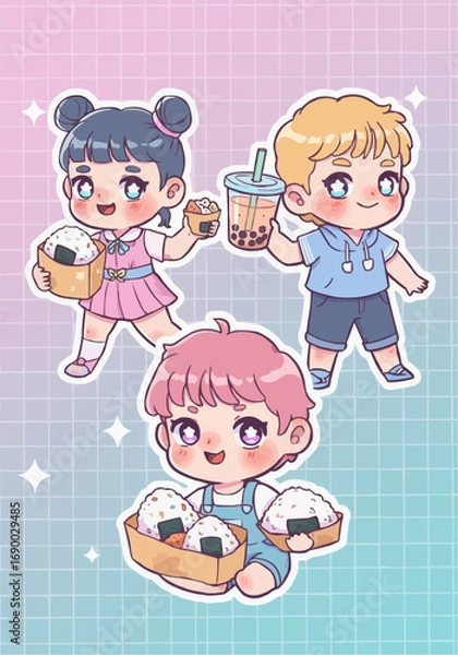 Fototapeta Adorable chibi characters enjoying delightful Asian snacks and beverages on a charming pastel grid background, perfect for fun and vibrant design projects