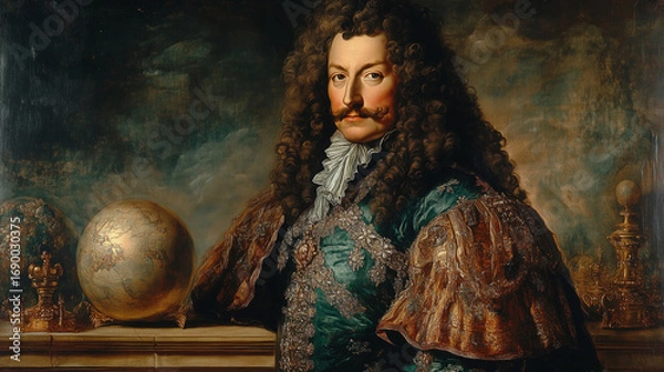 Fototapeta Two-Color Portrait of King Louis XIV with Long Hair and Regal Attire in Contrast