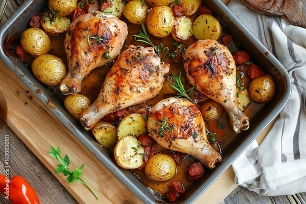 Obraz Roast Chicken with Potatoes and Herbs
