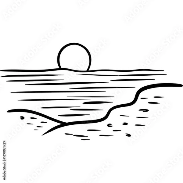 Obraz Ocean Waves Line Art – Sunset Beach Sketch Illustration
