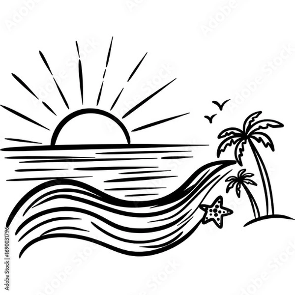 Obraz Ocean Waves Line Art – Sunset Beach Sketch Illustration