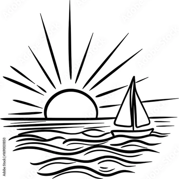 Obraz Ocean Waves Line Art – Sunset Beach Sketch Illustration