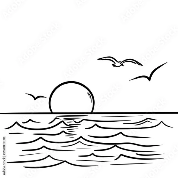 Obraz Ocean Waves Line Art – Sunset Beach Sketch Illustration