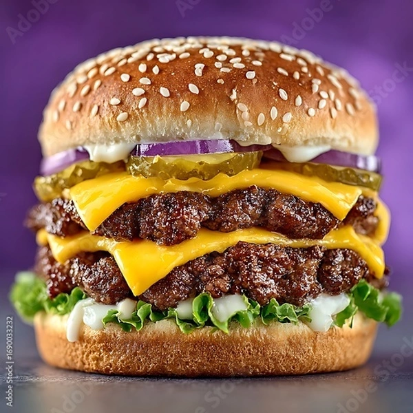 Fototapeta Savory burger stacked with beef and cheese high resolution picture