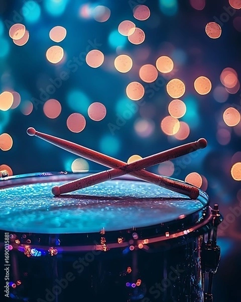 Fototapeta Snare drum glowing with concert stage lights high resolution picture