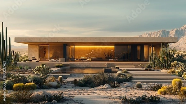 Fototapeta Stunning desert adobe house with warm lights high resolution picture