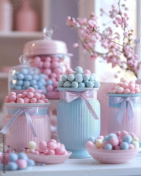 Fototapeta Sweet display jars with pastel candy treats high resolution picture