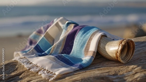 Fototapeta Shofar resting on wooden surface with colorful tallit prayer shawl outdoors, Rosh Hashanah or Hanukkah concept  