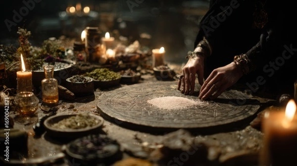 Fototapeta Woman preparing ritual ingredients and arranging candles on table  