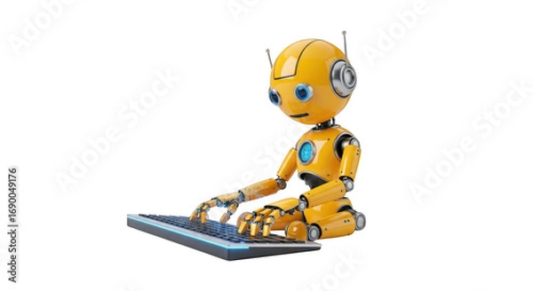 Fototapeta Cute yellow robot typing on a futuristic keyboard isolated on transparent background