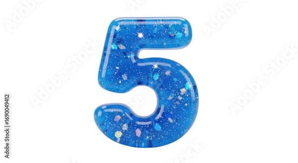Fototapeta Blue glitter number five isolated on transparent background