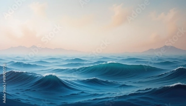 Fototapeta "An artistic wall painting of an ocean horizon, waves blending into the sky with subtle pastel tones and a calming atmosphere."
