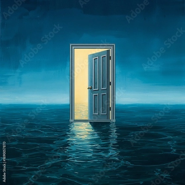 Fototapeta Surreal oil painting of a glowing door floating in the ocean with dreamlike atmosphere
