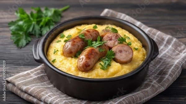 Fototapeta Delicious creamy polenta served with grilled sausages garnished with fresh parsley on rustic wooden table with linen texture