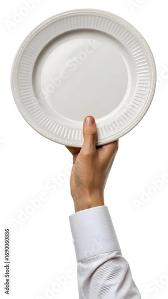Fototapeta hand holding an empty plate isolated on a white background