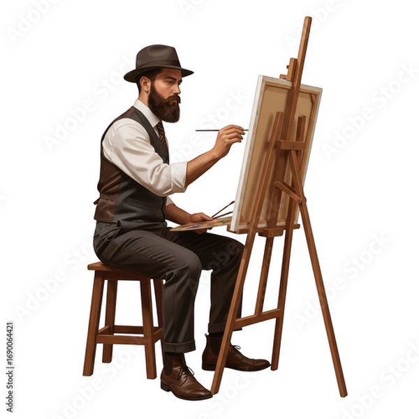 Fototapeta Bearded artist in hat painting on easel with palette and brush in studio setting